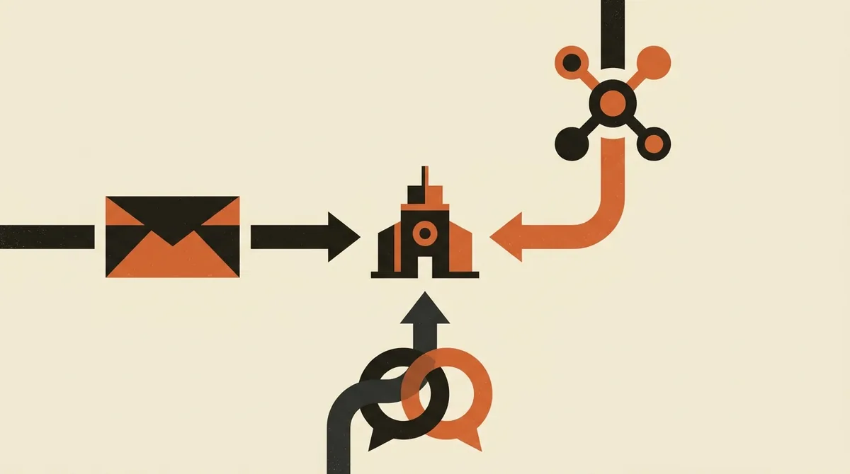 Illustrazione di più canali di comunicazione personalizzati che convergono verso una singola azienda target