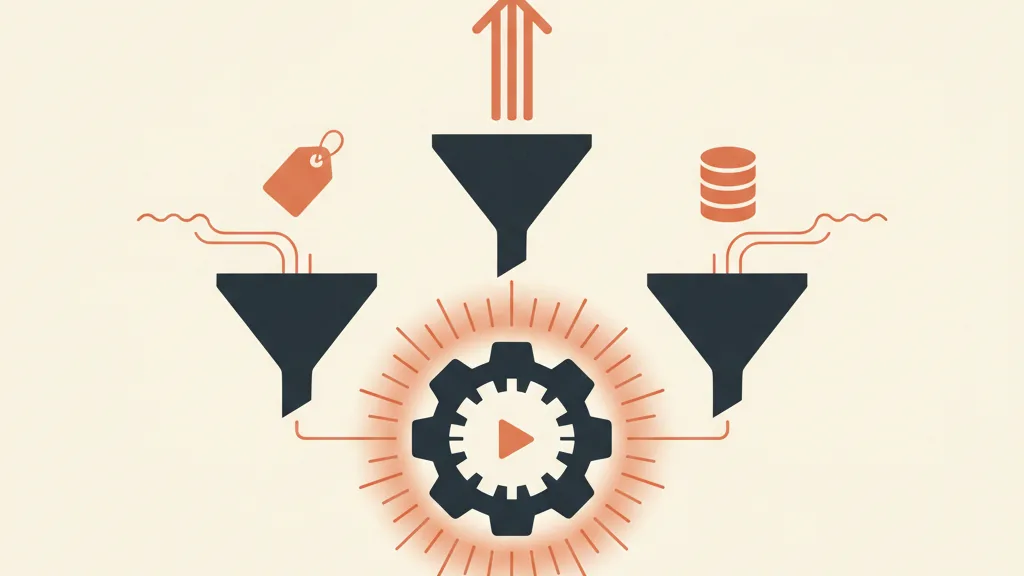 Illustrazione di tre imbuti che alimentano un motore centrale con segnali puliti (offerta, creativita, dati), metafora dei segnali che guidano l'algoritmo Meta.