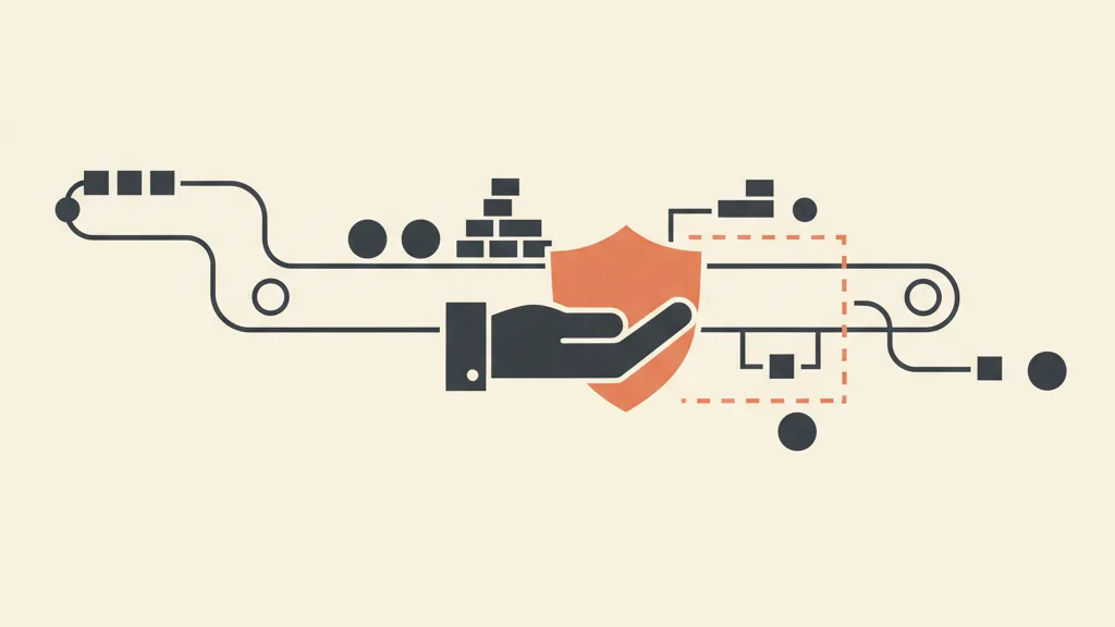 Illustrazione di guardrail e supervisione umana su un flusso automatizzato, con un punto di controllo che ferma alcuni processi per revisione