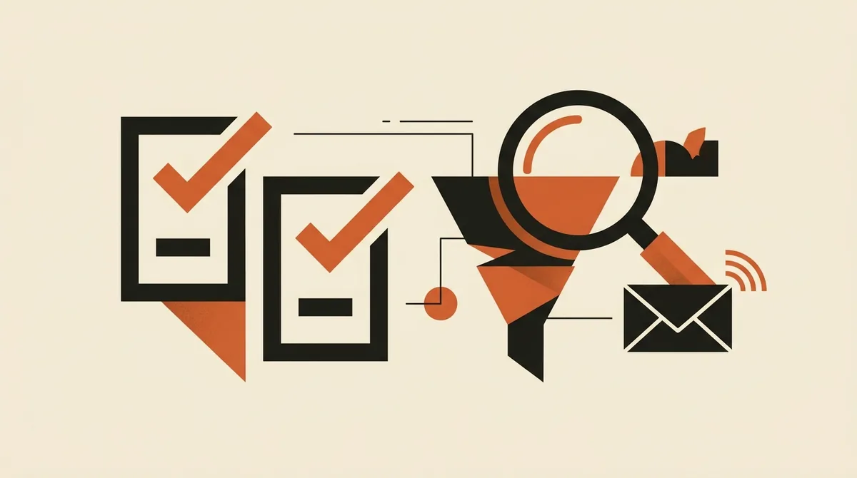 Illustrazione di una checklist e lente di ingrandimento che analizzano un'agenzia B2B prima della scelta