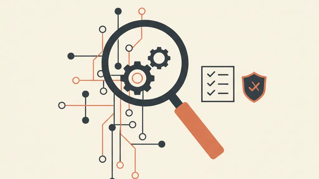 Illustrazione di una lente d'ingrandimento che valuta un workflow automatizzato con simboli di checklist e conformità