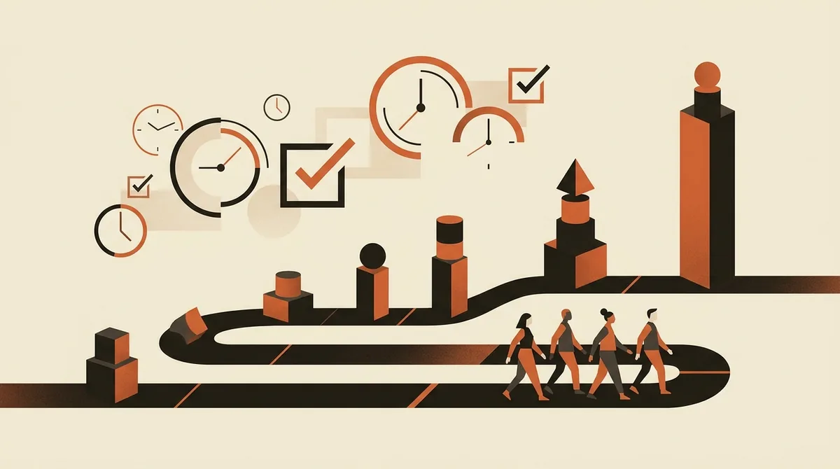 Illustrazione di una linea del tempo con tappe crescenti verso la scadenza principale dell'AI Act del 2026