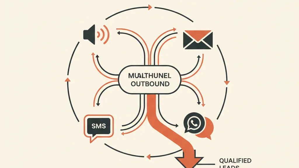 Schema astratto di un funnel outbound multicanale orchestrato tra voce, email, SMS e WhatsApp