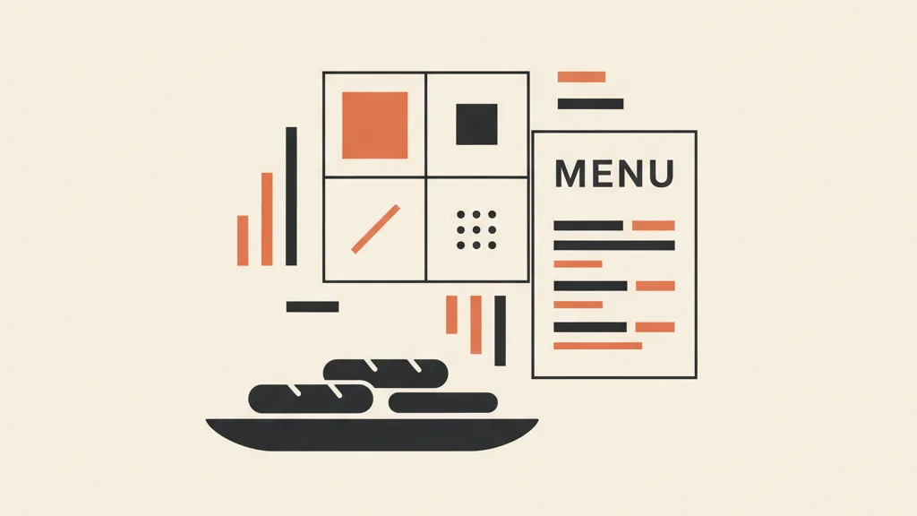 Illustrazione astratta di un menu analizzato con dati e quadranti per l'ingegneria del menu e il pricing