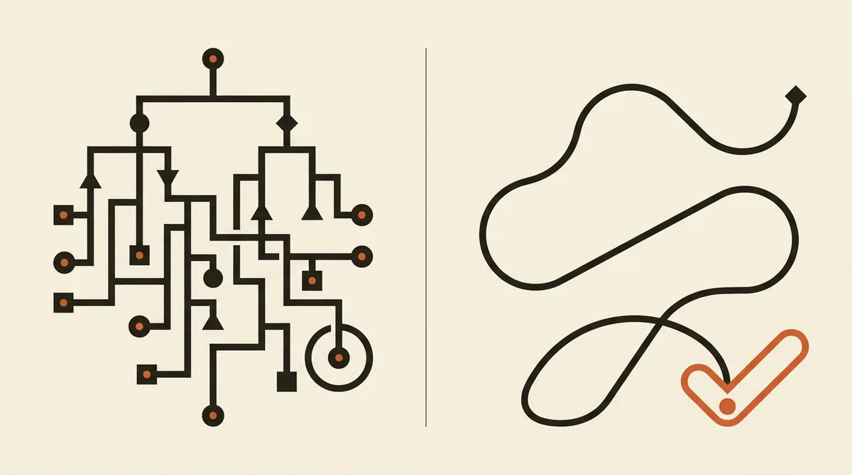 Illustrazione che confronta un menù ad albero rigido con un percorso fluido che arriva a un segno di spunta, metafora della differenza tra IVR e assistente vocale AI