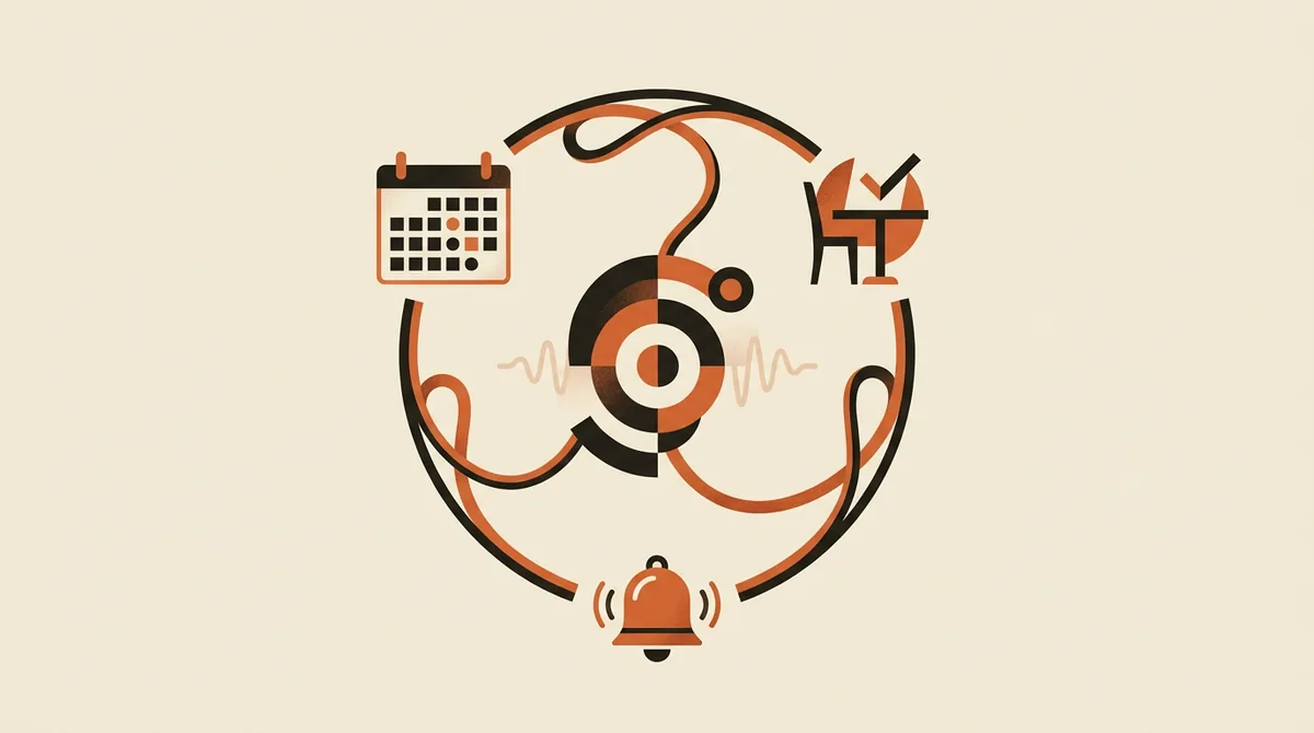 Illustrazione del flusso di un assistente vocale AI collegato a calendario, tavolo prenotato e promemoria per ridurre i no-show