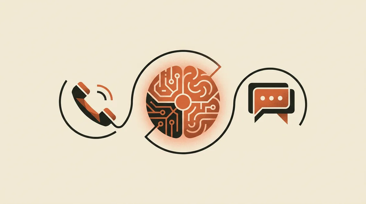 Un unico cervello centrale collegato a telefono e chat, metafora dell'approccio omnichannel con voce e testo che condividono la stessa intelligenza