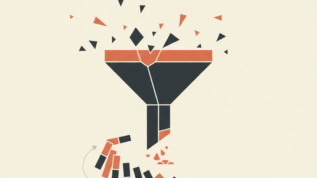 Illustrazione astratta di un imbuto con la parte alta che si frammenta e la base che si svuota, metafora del taglio della parte superiore del funnel che prosciuga tutto il sistema.