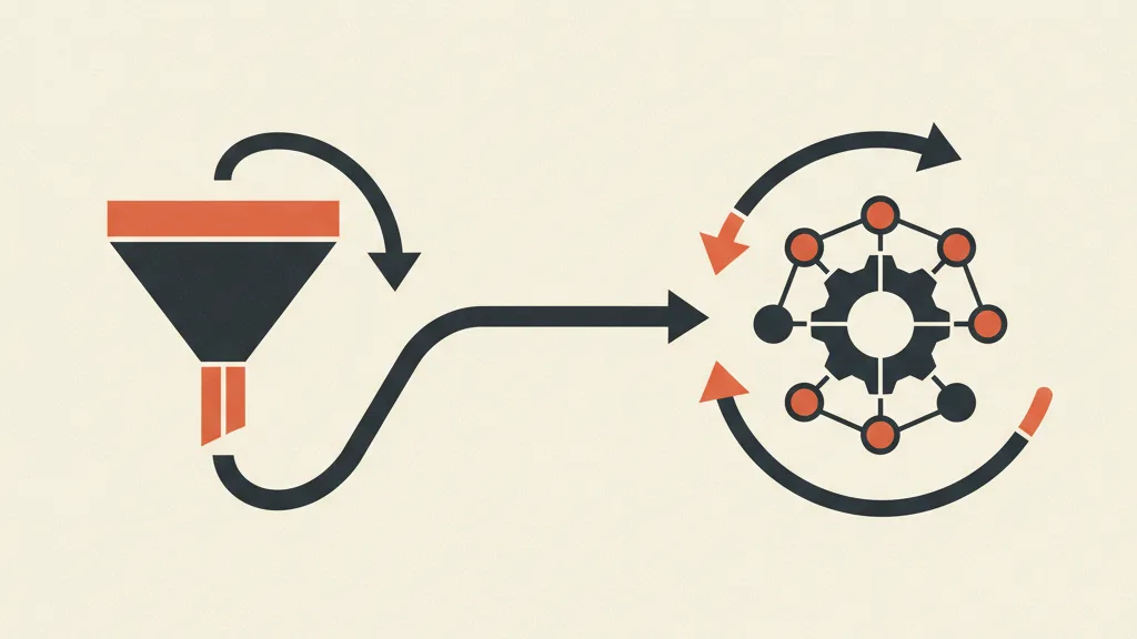 Illustrazione astratta di un funnel collegato in loop a un CRM, a rappresentare i segnali che tornano dalle vendite alle campagne