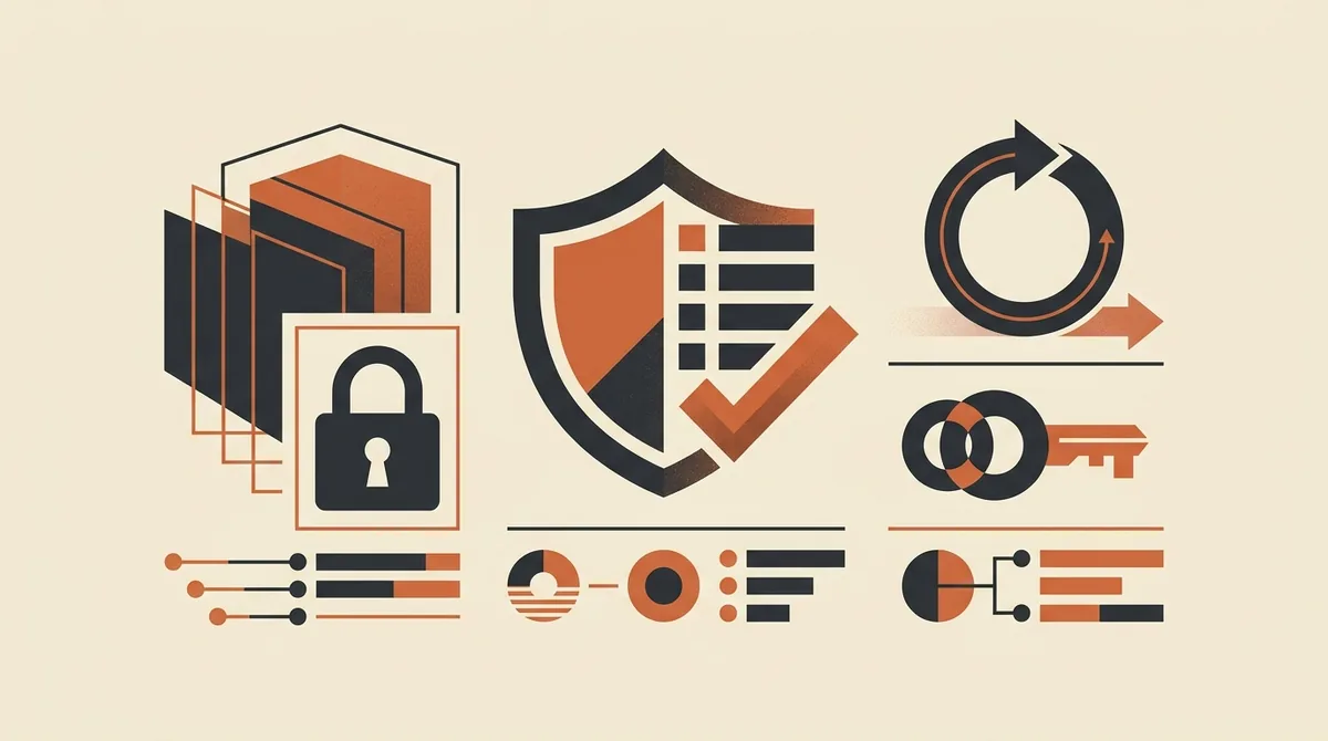 Illustrazione astratta di un cruscotto di audit con scudo, lucchetto, ciclo di backup e chiave di autenticazione