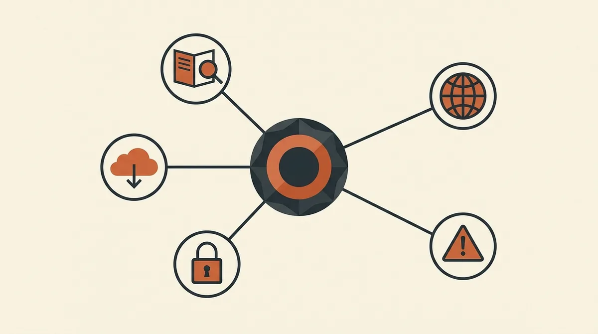 Illustrazione a raggiera di un nodo centrale collegato a più sotto-temi della sicurezza informatica