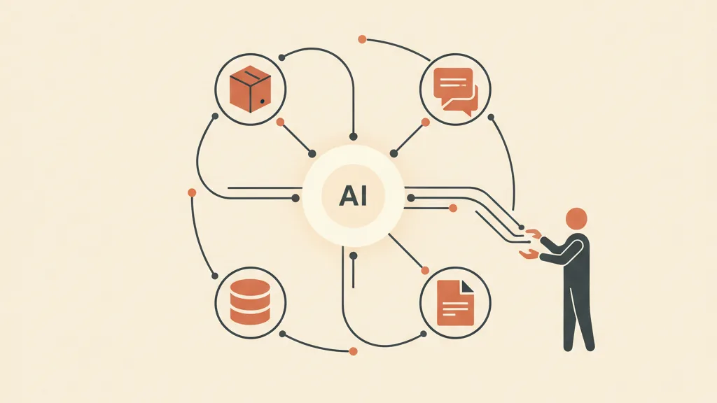Illustrazione di un agente AI centrale collegato a gestionale, database e canali di chat che orchestra le richieste e passa i casi complessi a un operatore umano