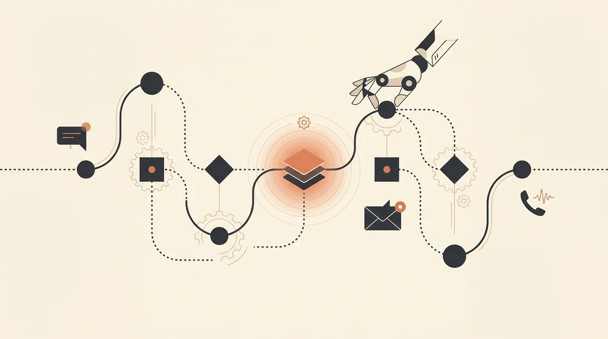 Illustrazione di una sequenza di nurturing automatica con contatti scaglionati nel tempo su più canali