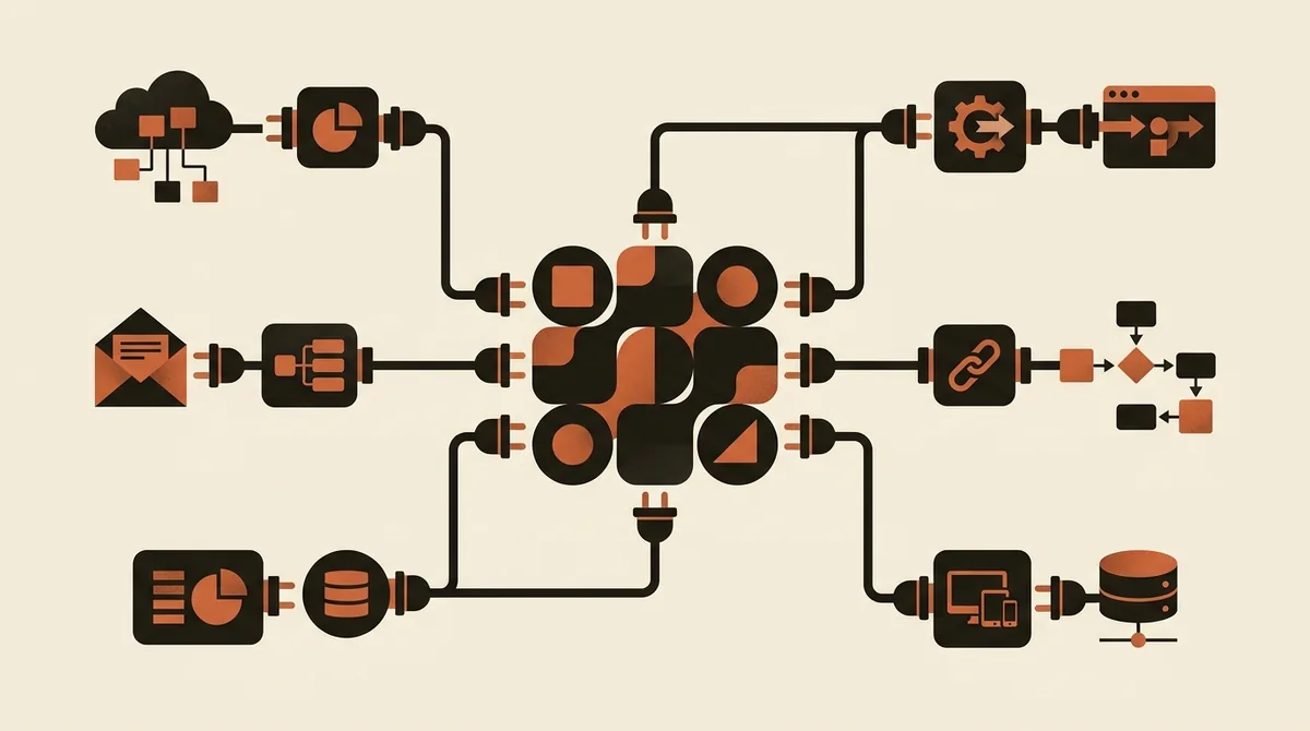 Piattaforma no-code centrale collegata a più strumenti e workflow aziendali tramite connessioni pulite