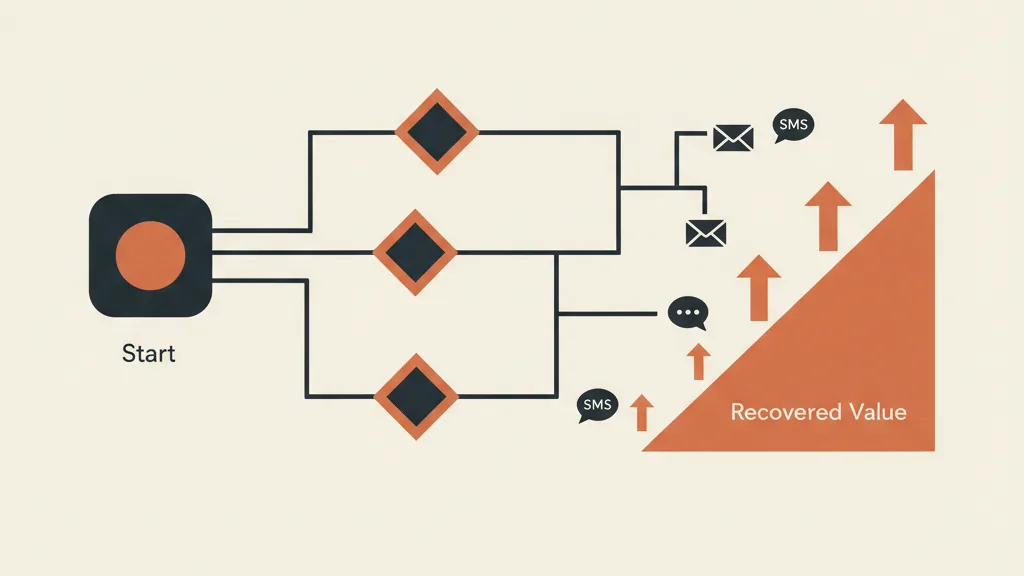 Diagramma di un flusso win-back automatizzato che si ramifica su piu canali verso un recupero di valore