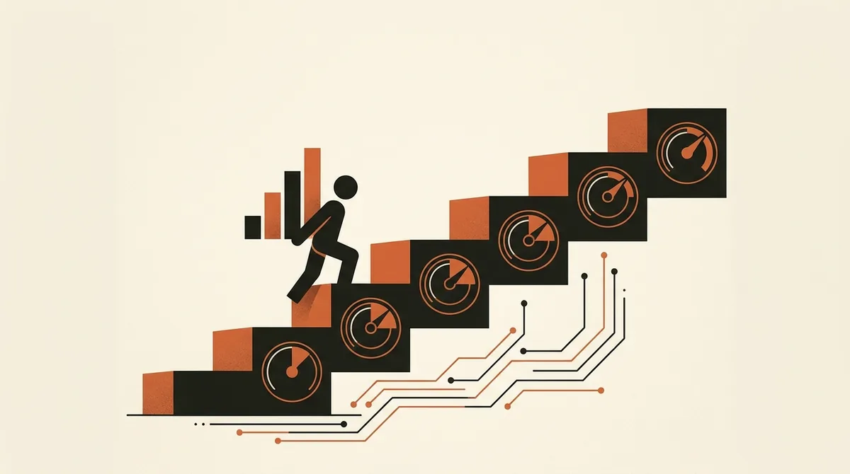 Illustrazione di una scala ascendente con indicatori di misurazione che rappresenta ROI e payback dei casi d'uso AI