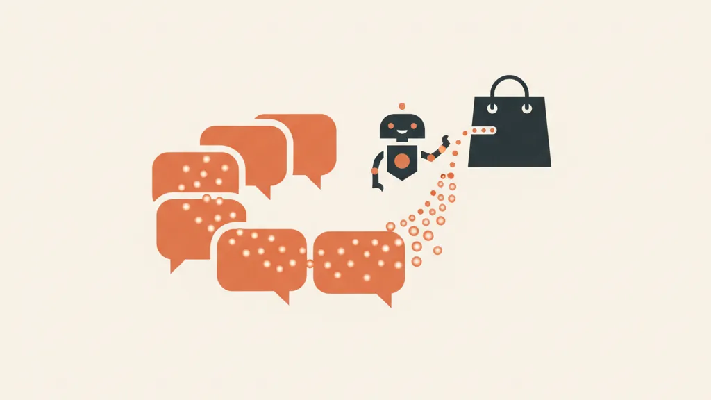 Illustrazione di un imbuto fatto di fumetti di dialogo con puntini che confluiscono in una shopping bag, metafora dell'agente AI che guida i clienti all'acquisto.