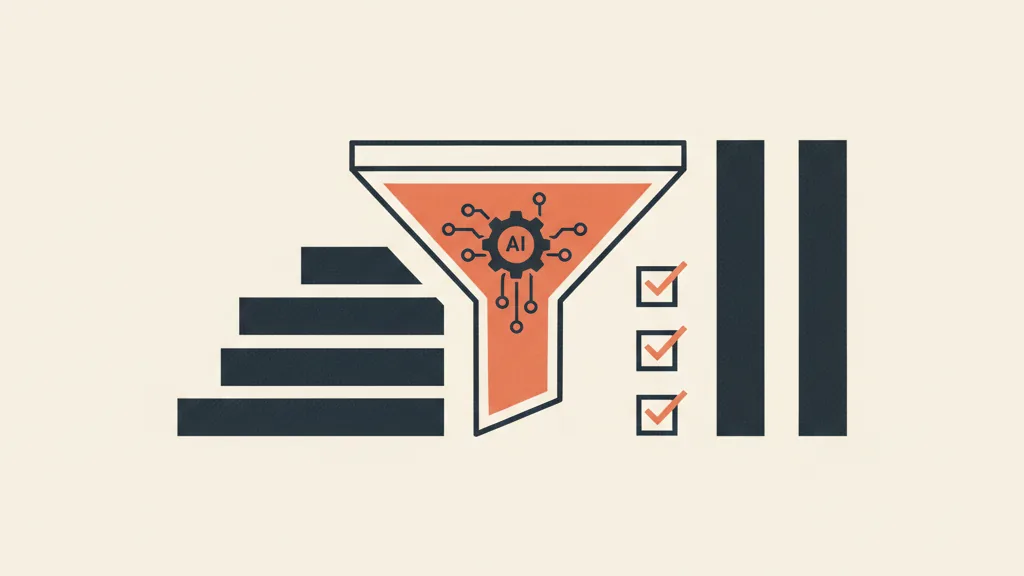 Illustrazione di un testo grezzo che passa attraverso un filtro e ne esce ordinato, con una checklist e un piccolo ingranaggio che richiama la revisione assistita dall'AI.
