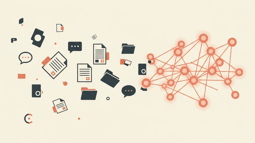 Illustrazione di documenti e file sparsi che convergono in un unico sistema di nodi connessi
