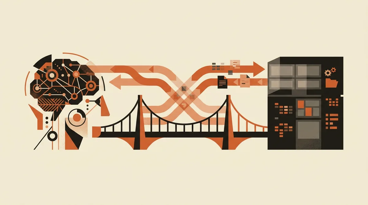 Illustrazione di un ponte che collega un simbolo di AI a un sistema gestionale con dati che scorrono in entrambe le direzioni