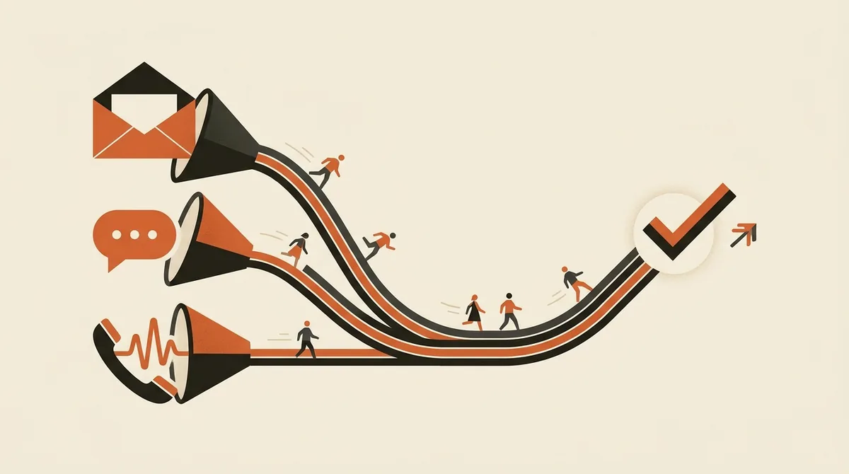 Illustrazione di un funnel di riattivazione multicanale che unisce email, messaggi e chiamata in un unico percorso orchestrato
