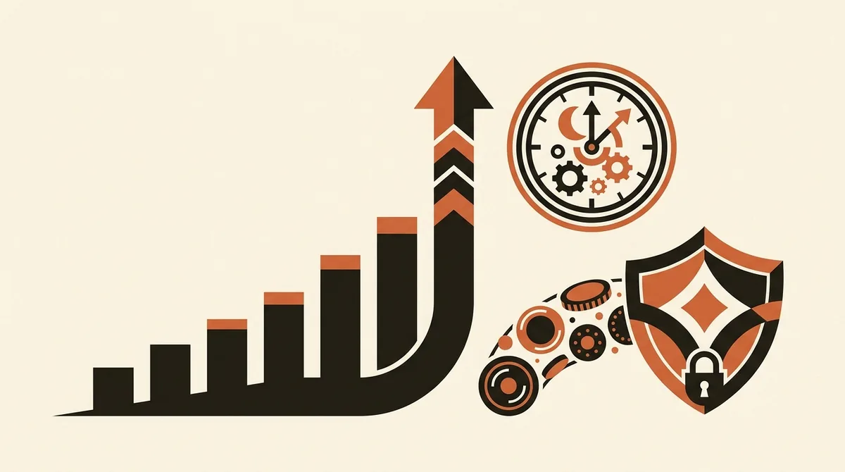 Illustrazione del ritorno economico dell'AI con grafico in crescita, risparmio di ore e governance