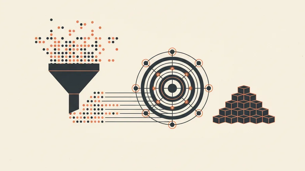 Illustrazione astratta di flussi di dati ordinati che passano da un imbuto e alimentano un nucleo di machine learning fatto di anelli e nodi, metafora della qualità dei dati che nutre il modello.
