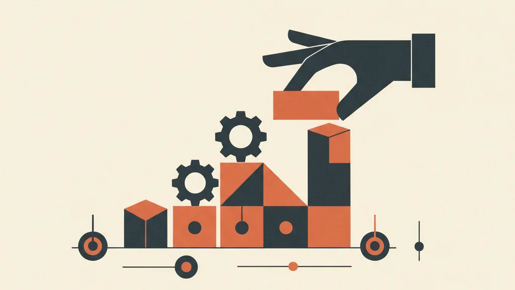 Illustrazione di blocchi modulari e ingranaggi che compongono una struttura ordinata, metafora dei framework e delle leve di persuasione del copywriting.
