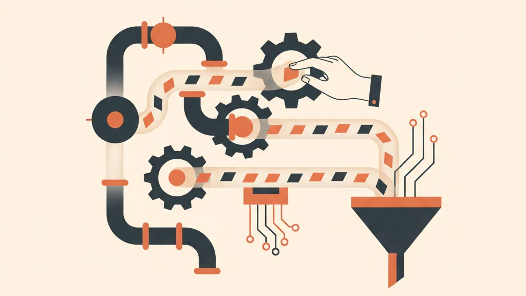 Illustrazione di una macchina di ingranaggi e canali automatizzati in cui piccoli fogli confluiscono in un imbuto, metafora del copy dentro un sistema di acquisizione clienti.