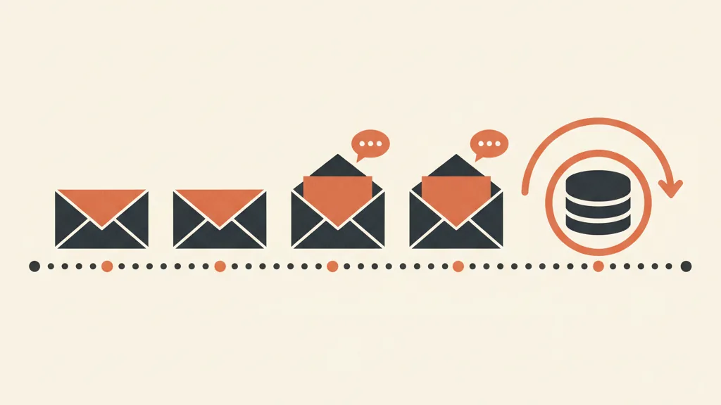 Sequenza di buste email che avanzano lungo una linea temporale verso un archivio, a rappresentare un flusso automatico collegato al CRM.