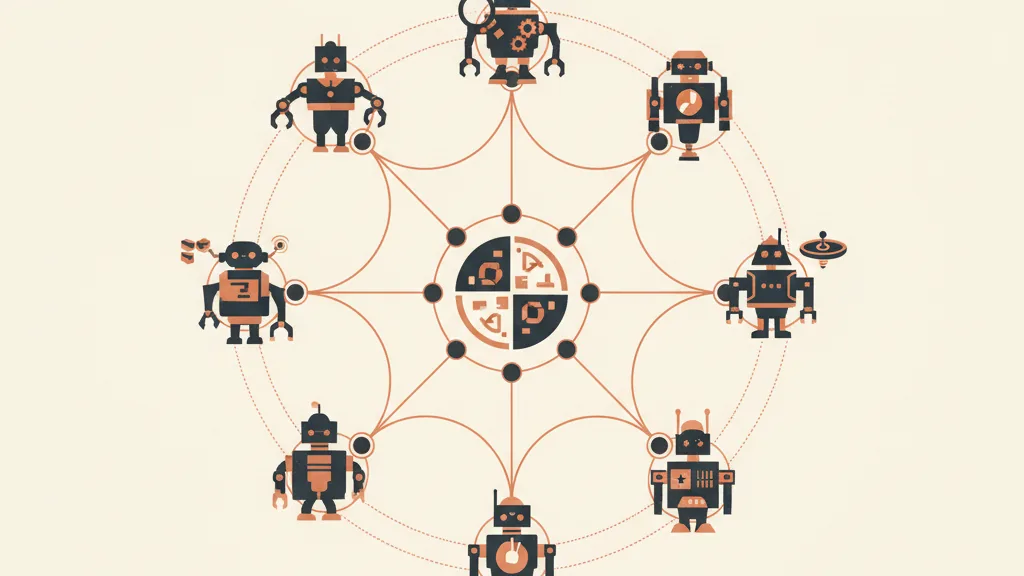 Illustrazione di più agenti robotici specializzati coordinati intorno a un flusso centrale, metafora di un sistema multi-agente