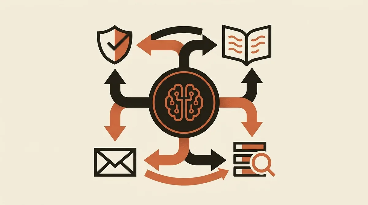 Schema del funzionamento di un agente AI che legge documenti, interroga database e agisce con controllo umano