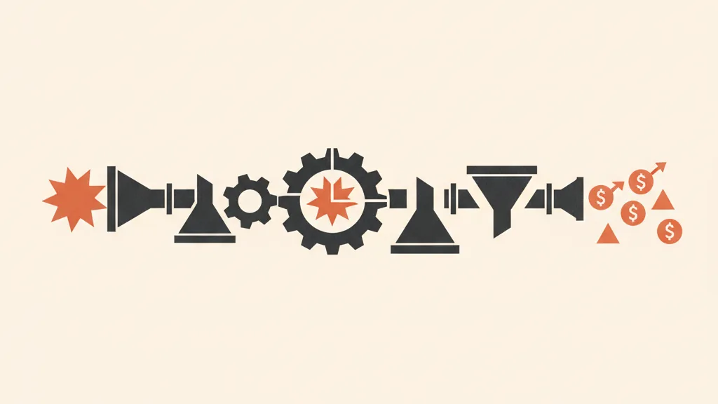 Sistema a pipeline che trasforma una scintilla creativa in crescita e clienti attraverso ingranaggi e funnel