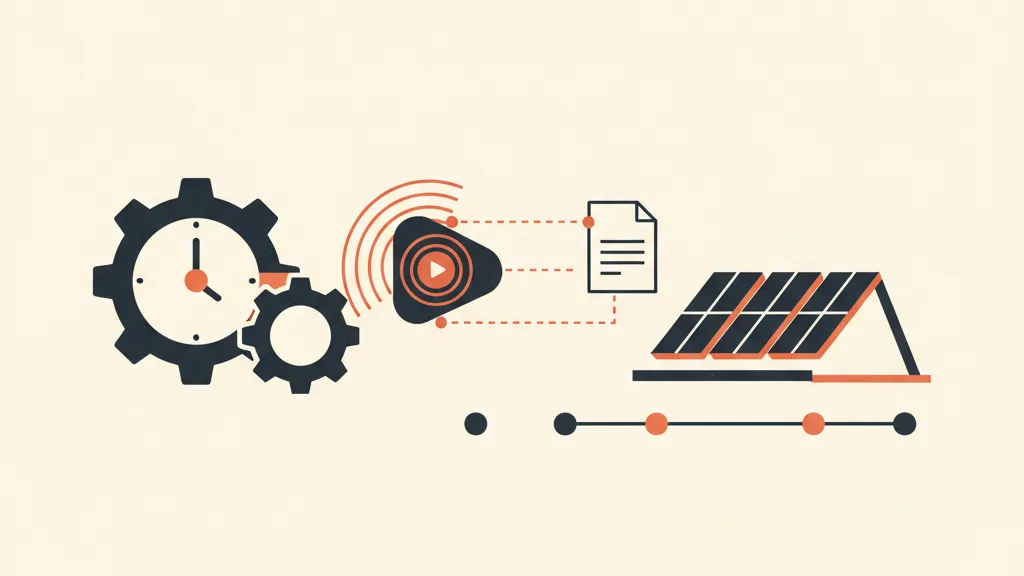 Illustrazione astratta di un assistente AI che automatizza promemoria e follow-up verso un tetto con pannelli fotovoltaici lungo una sequenza temporale