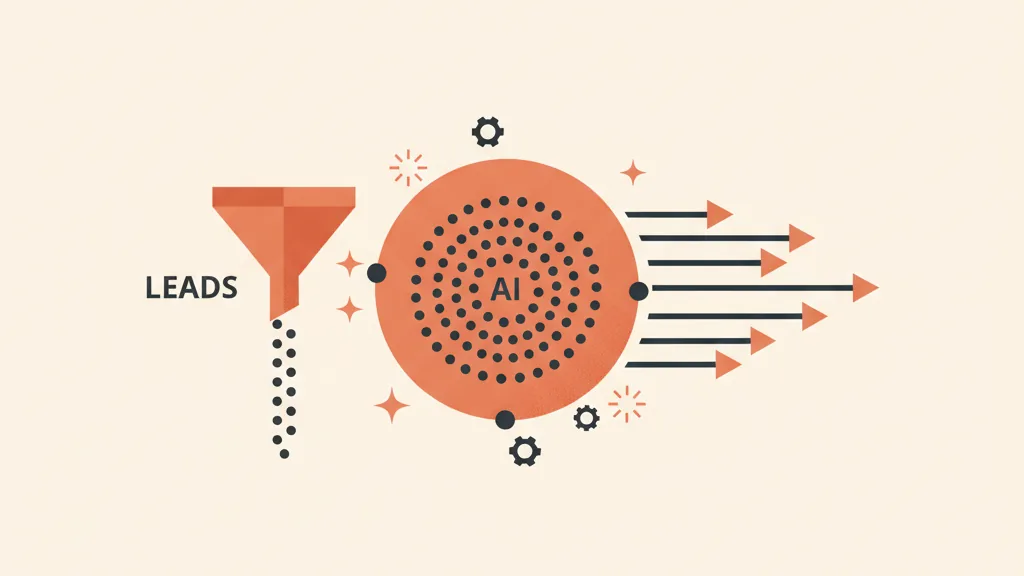 Illustrazione flat-vector di un hub centrale collegato a funnel e automazioni, metafora del CRM al centro del sistema di acquisizione clienti