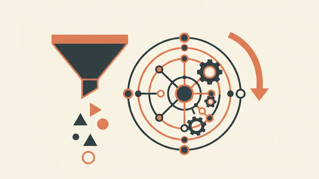 Illustrazione astratta di un funnel che alimenta un sistema di ingranaggi e nodi con una freccia che riporta il segnale indietro, metafora del collegamento tra Meta Ads e CRM