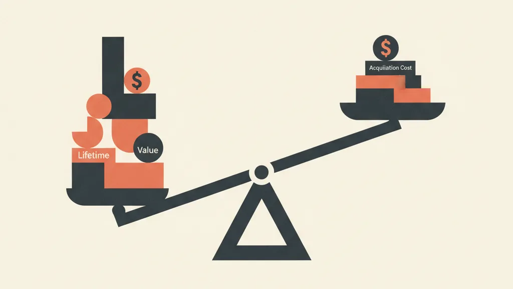 Illustrazione flat-vector di una bilancia che confronta il valore del cliente con il costo di acquisizione