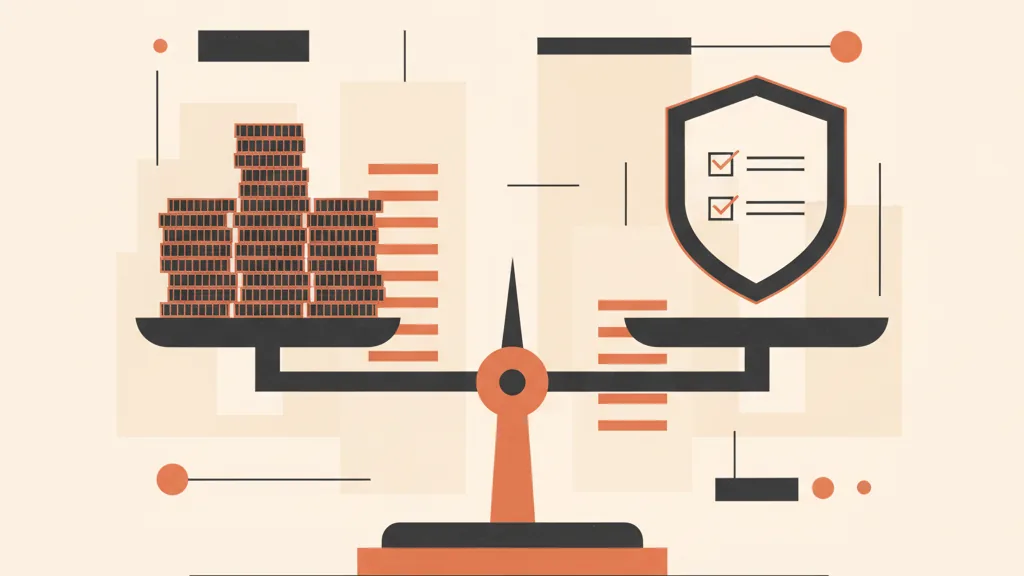 Illustrazione di una bilancia tra sanzioni economiche e misure di prevenzione, metafora del rapporto tra multe GDPR e audit di sicurezza