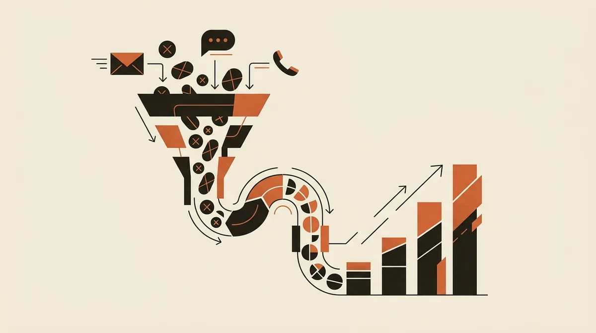 Illustrazione di un funnel di riattivazione che trasforma contatti dormienti in ricavi crescenti attraverso piu canali