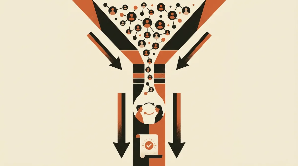 Illustrazione di un funnel diviso in due: in alto la qualifica dei molti contatti, in basso la trattativa che porta al contratto firmato