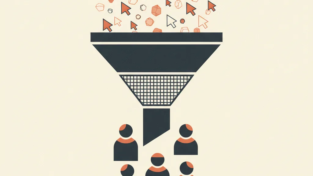 Illustrazione di un funnel che filtra i click trasformando solo pochi contatti in clienti reali dentro un CRM