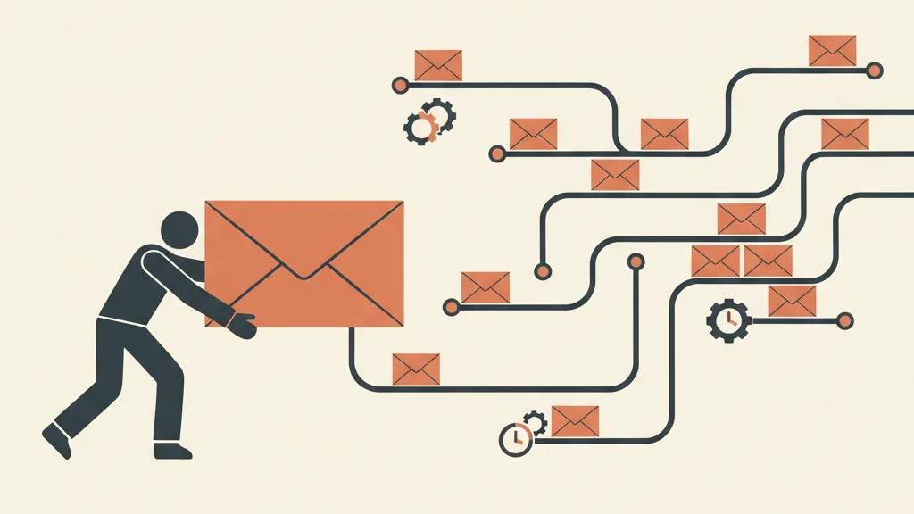 Illustrazione flat-vector che contrappone una newsletter spinta a mano da una persona a un flusso automatizzato di email che si muovono da sole lungo percorsi con ingranaggi e orologi