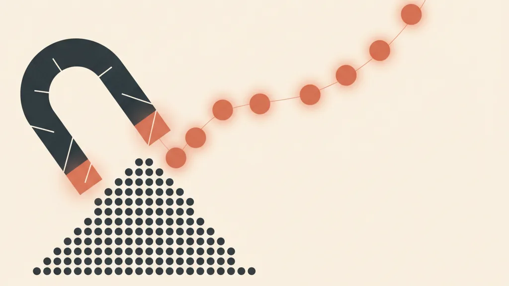 Illustrazione astratta di una calamita che seleziona alcuni contatti evidenziati da un gruppo di punti grigi, metafora della qualificazione dei lead