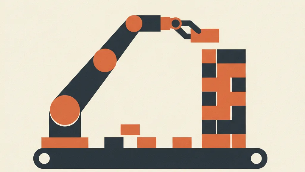 Braccio robotico che dispone blocchi modulari in una pila ordinata, metafora dell'AI che assembla il copy da un template.