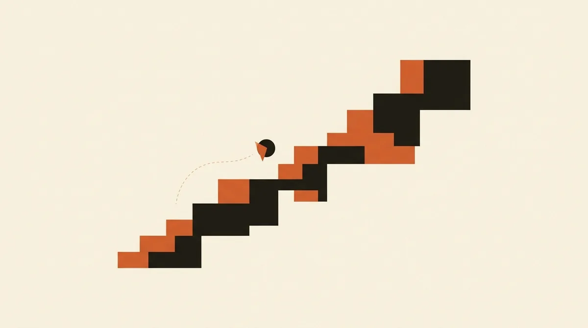 Illustrazione di una scala a gradini con una figura che sale, metafora del percorso multi-step del funnel di acquisizione
