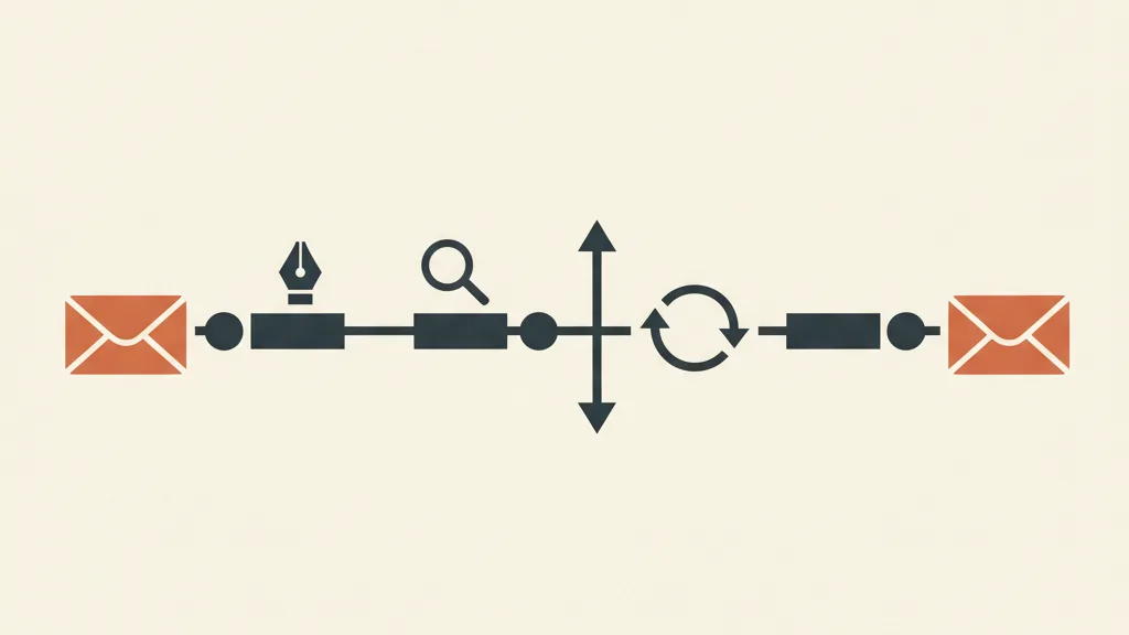 Diagramma di un flusso automatizzato di email marketing con le fasi di bozza, revisione, segmentazione e automazione collegate in sequenza