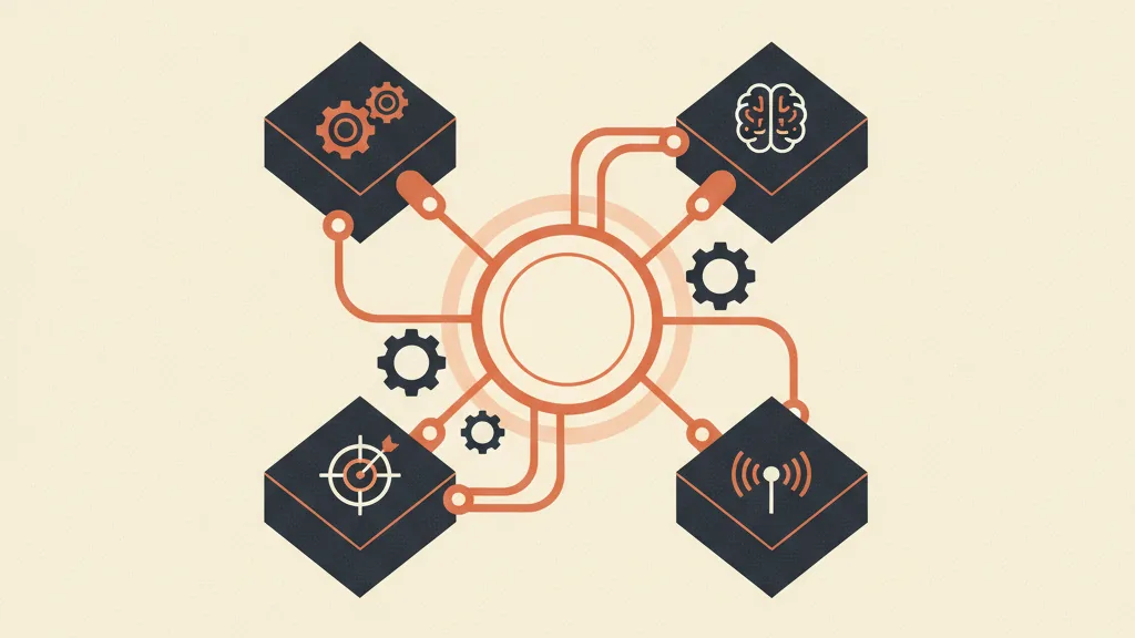 Illustrazione di quattro blocchi modulari interconnessi che alimentano un nucleo dati condiviso, metafora di AI Max, AI Mode, Performance Max e smart bidding