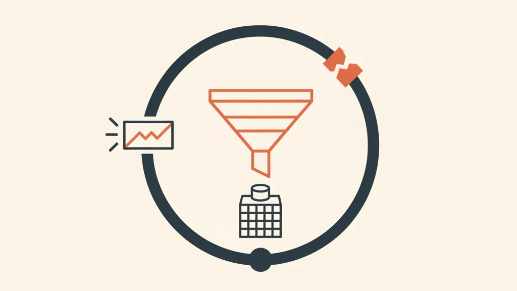 Illustrazione di un circuito chiuso che collega annuncio, funnel e CRM con una perdita sigillata, metafora del sistema di acquisizione clienti completo