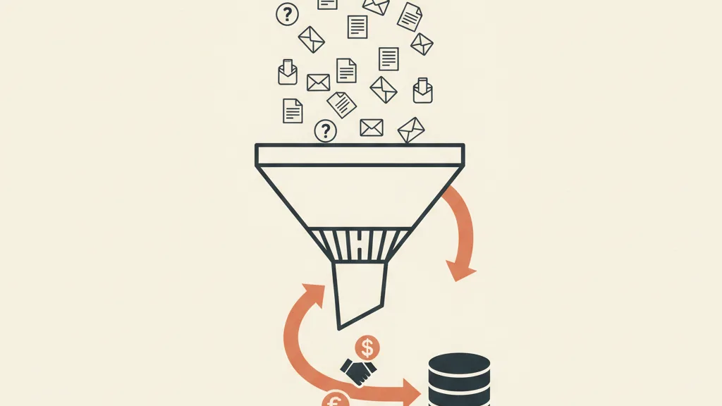 Diagramma a imbuto che filtra molti moduli generici in pochi lead qualificati, con un CRM che rimanda il segnale a monte