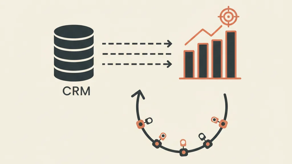 Illustrazione di un flusso di dati tra un database CRM e una dashboard di campagne pubblicitarie